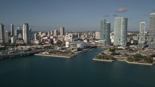 AX0024_065 - 5K aerial stock footage of approaching American Airlines Arena, Downtown Miami, Florida