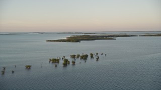 AX0028_024E - 5K aerial stock footage of flying over clusters of mangroves at sunset, Islamorada, Florida