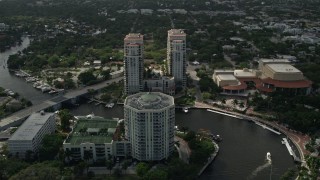 AX0031_117 - 5K aerial stock footage fly over New River, approach condominiums, Downtown Fort Lauderdale, Florida