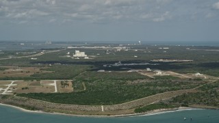 AX0034_014 - 5K aerial stock footage of an approach to Cape Canaveral, Florida