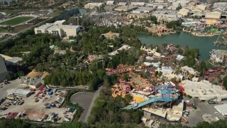 AX0035_020 - 5K stock footage aerial video of theme park rides at Universal Studios, Orlando, Florida