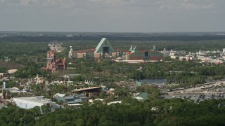 AX0035_037 - 5K aerial stock footage of Walt Disney World Dolphin hotel, revealing Tower of Terror, Orlando, Florida
