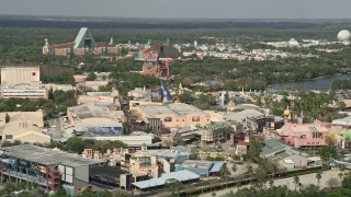 AX0035_038 - 5K aerial stock footage video of Hollywood Studios and Walt Disney World Dolphin hotel, Orlando, Florida