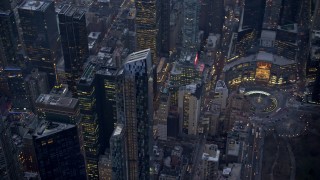 AX0065_0239 - 5K aerial stock footage track One57 skyscraper near Columbus Circle in Midtown Manhattan, New York City, winter, twilight