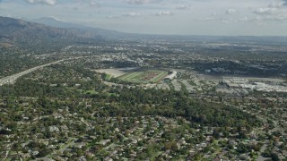 AX0159_112E - 7.6K aerial stock footage of a bird's eye and reverse view of the Santa Anita Park horse race track in Arcadia, California