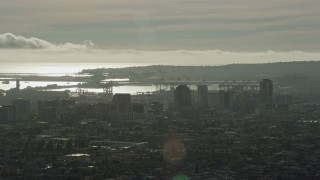 AX0161_002 - 7.6K aerial stock footage of office buildings in Downtown Long Beach, California