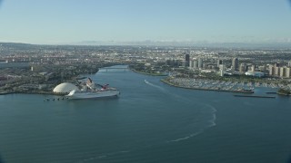 AX0161_006E - 7.6K aerial stock footage of the Port of Long Beach, Los Angeles River, and Downtown Long Beach, California