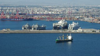 AX0161_011 - 7.6K stock footage aerial video of ships and a Sea Launch vessel at the Port of Long Beach, California