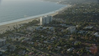 AX0161_083 - 7.6K aerial stock footage of Ocean Towers Condominium Complex and neighborhoods near the coast in Santa Monica, California
