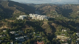 AX0161_088 - 7.6K stock footage aerial video of the Getty Museum, on a hilltop in Brentwood, California