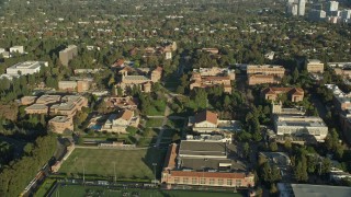 AX0161_095 - 7.6K aerial stock footage of the College campus around Wilson Plaza, Los Angeles, California