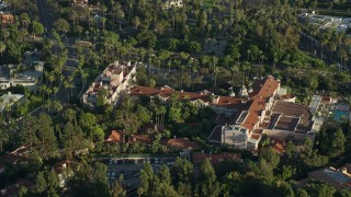 AX0161_111 - 7.6K aerial stock footage orbiting the Beverly Hills Hotel in Beverly Hills, California
