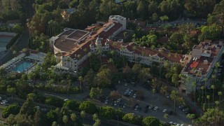 AX0161_113 - 7.6K aerial stock footage orbiting the Beverly Hills Hotel in Beverly Hills, California