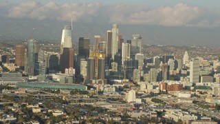 AX0162_029E - 7.6K aerial stock footage of tall skyscrapers of the Downtown Los Angeles skyline, California