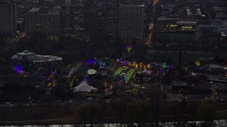 AX0163_0055 - 4K aerial stock footage of Lincoln Park Zoo at twilight, Chicago, Illinois