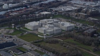 AX0165_0017 - 4K aerial stock footage of an orbit of the Cook County Jail in West Side Chicago, Illinois