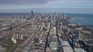AX0165_0048 - 4K aerial stock footage of the Downtown Chicago skyline, Illinois, seen from South Side