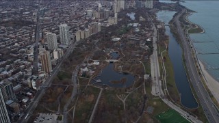AX0165_0055 - 4K aerial stock footage approach and flyby Lincoln Park Zoo in Chicago, Illinois