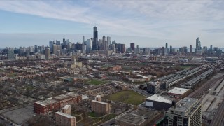 AX0166_0001 - 4K aerial stock footage of a view of the Downtown Chicago, Illinois skyline seen from the West Side