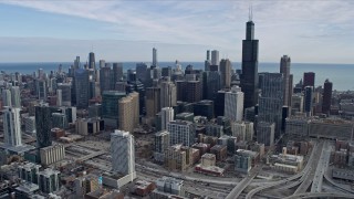 AX0166_0003 - 4K aerial stock footage of Willis Tower and the Downtown Chicago, Illinois skyline