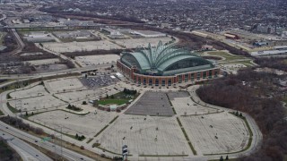 AX0166_0069 - 4K aerial stock footage of approaching American Family Field baseball stadium in Milwaukee, Wisconsin