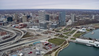 AX0166_0079 - 4K aerial stock footage of flying by skyscrapers and lakefront museums in Milwaukee, Wisconsin