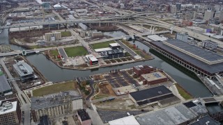 AX0166_0080 - 4K aerial stock footage of the Harley-Davidson Museum in Milwaukee, Wisconsin