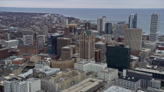 AX0166_0081 - 4K aerial stock footage of flying by and approaching downtown skyscrapers in Milwaukee, Wisconsin