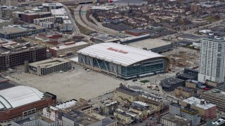 AX0166_0085 - 4K aerial stock footage of Fiserv Forum arena in Milwaukee, Wisconsin