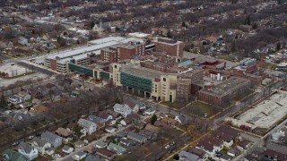 AX0166_0089 - 4K aerial stock footage of approaching a hospital in Milwaukee, Wisconsin