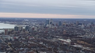 AX0167_0007 - 4K aerial stock footage of flying by the city's downtown area, Milwaukee, Wisconsin