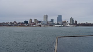 AX0167_0013 - 4K aerial stock footage of approaching the city's skyline from the lighthouse, Milwaukee, Wisconsin