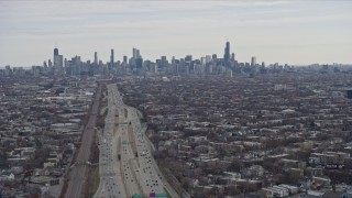 AX0167_0079 - 4K aerial stock footage of approaching the Downtown Chicago skyline, Illinois