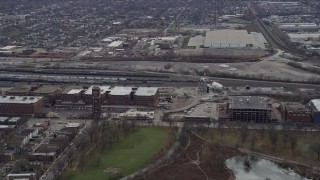 AX0168_0005 - 4K aerial stock footage of factory buildings on the Southwest Side Chicago, Illinois