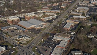 AX0169_0011 - 4K aerial stock footage of shops and restaurants along Joliet Road in Countryside, Illinois