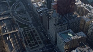 AX0169_0051 - 4K aerial stock footage of Metropolitan Tower by Grant Park, Downtown Chicago, Illinois
