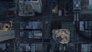 AX0169_0076 - 4K aerial stock footage of a bird's eye view of following LaSalle Drive, reveal bridge over river, Downtown Chicago, Illinois