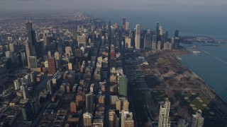 AX0169_0086 - 4K aerial stock footage wide view of the downtown area of the city and Grant Park, Downtown Chicago, Illinois