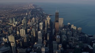 AX0169_0088 - 4K stock footage aerial video of flying across the downtown area of the city toward Lincoln Park, Downtown Chicago, Illinois