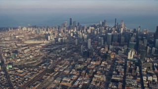 AX0169_0097 - 4K aerial stock footage of a wide view of Downtown Chicago, Illinois, seen from high over the West Side