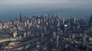 AX0169_0098 - 4K stock footage aerial video of flying high over Downtown Chicago, Illinois, from the West Side