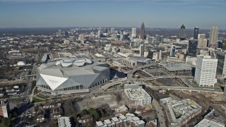 AX0171_0051 - 6.7K aerial stock footage orbit Mercedes-Benz Stadium in Atlanta, Georgia