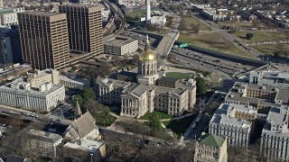AX0171_0060 - 6.7K aerial stock footage or orbiting around the Georgia State Capitol building in Atlanta