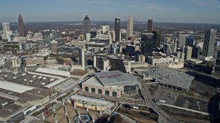 AX0171_0067 - 6.7K aerial stock footage circle around Omni Hotel, CNN Center and State Farm Arena in Downtown Atlanta, Georgia
