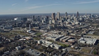 AX0171_0071 - 6.7K aerial stock footage of a wide view of towering skyscrapers, city buildings and state capitol in Downtown Atlanta, Georgia