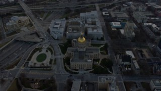 AX0171_0157 - 6.7K aerial stock footage approach the Georgia State Capitol in Downtown Atlanta at sunset