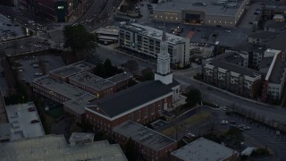 AX0171_0176 - 6.7K aerial stock footage of a Buckhead church at sunset, Atlanta, Georgia