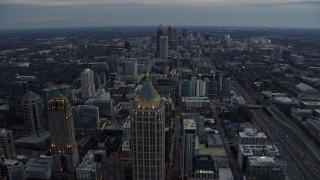 AX0171_0184 - 6.7K aerial stock footage of a view of Midtown and Downtown Atlanta at sunset, Georgia