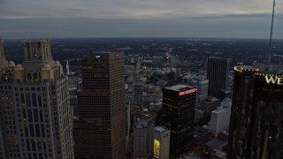 AX0171_0188 - 6.7K stock footage aerial video fly over Downtown Atlanta toward the capitol building at sunset, Georgia