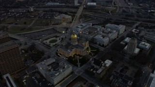AX0171_0189 - 6.7K stock footage aerial video approach and flyby Georgia State Capitol in Atlanta at sunset